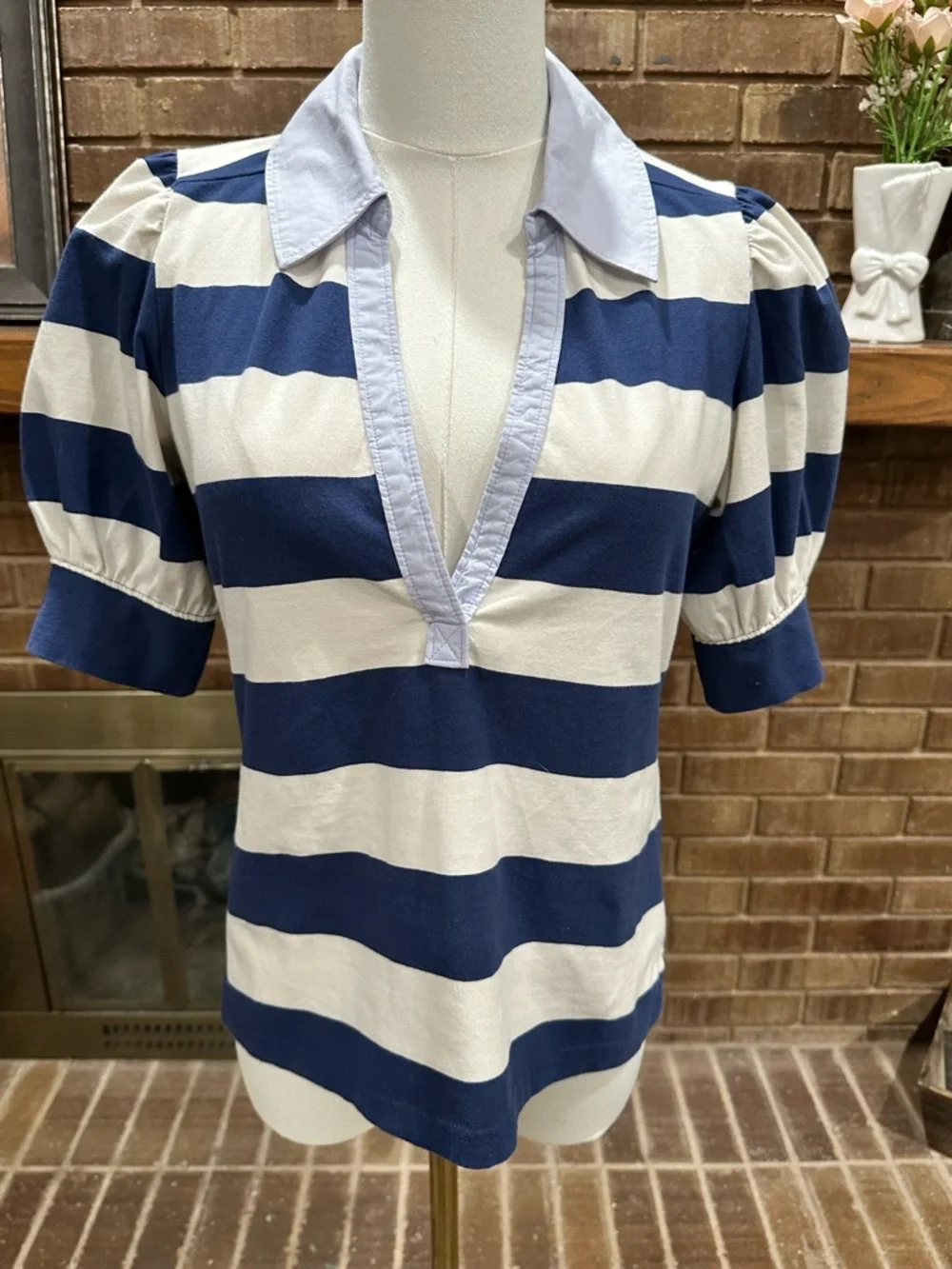 Maeve Anthropologie Blue Striped Puff Sleeve Polo Top Size Small